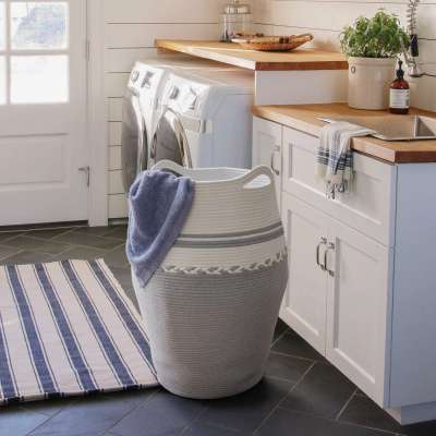 Large Cotton Rope Laundry Basket 25.6 "*19.2" Woven Basket,Toy Storage Basket, Blankets Basket Nursery Hamper